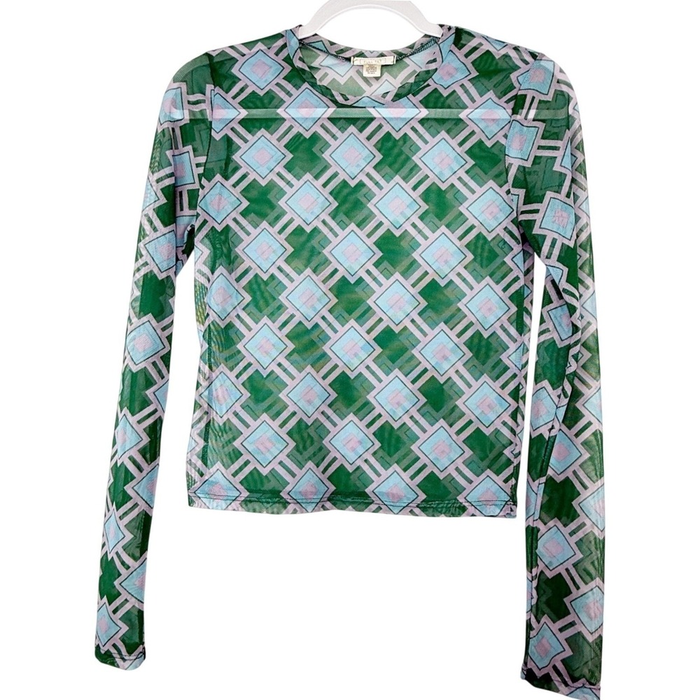 Green Geometric Mesh Sheer Long Sleeve Top Size Girls Large